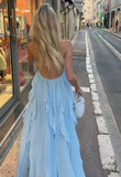 Niulatu A Line Halter Blue Chiffon Backless Long Evening Dress Prom Dresses SD1660