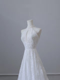Niulatu A line High Neckline White Lace Long Wedding Dresses Brides Dress SD1662