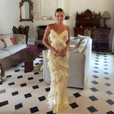 Niulatu Mermaid Spaghetti Straps Floor Length Floral Yellow Chiffon Evening Dress Prom Dresses SD1662