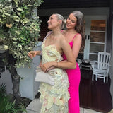 Niulatu Mermaid Spaghetti Straps Floor Length Floral Yellow Chiffon Evening Dress Prom Dresses SD1662