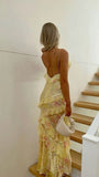 Niulatu Mermaid Spaghetti Straps Floor Length Floral Yellow Chiffon Evening Dress Prom Dresses SD1662