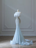 Niulatu Mermaid Strapless Neckline Long Sequin Light Sky Blue Long Wedding Dresses Brides Dress SD1662