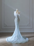 Niulatu Mermaid Strapless Neckline Long Sequin Light Sky Blue Long Wedding Dresses Brides Dress SD1662