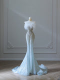 Niulatu Mermaid Strapless Neckline Long Sequin Light Sky Blue Long Wedding Dresses Brides Dress SD1662
