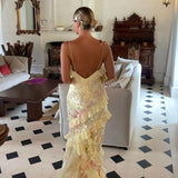 Niulatu Mermaid Spaghetti Straps Floor Length Floral Yellow Chiffon Evening Dress Prom Dresses SD1662