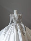 Niulatu Ball Gown V Neckline Long Sleeves Pleats Beads White Satin Wedding Dresses SD1665