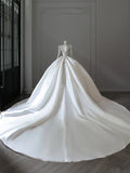 Niulatu Ball Gown V Neckline Long Sleeves Pleats Beads White Satin Wedding Dresses SD1665