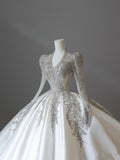 Niulatu Ball Gown V Neckline Long Sleeves Pleats Beads White Satin Wedding Dresses SD1665
