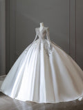 Niulatu Ball Gown V Neckline Long Sleeves Pleats Beads White Satin Wedding Dresses SD1665