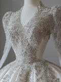 Niulatu Ball Gown V Neckline Long Sleeves Pleats Beads White Satin Wedding Dresses SD1665