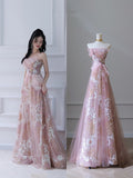 Niulatu A Line Strapless Pink Tulle Flowers Evening Dress Prom Dresses SD1649