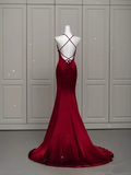 Niulatu Mermaid Spaghetti Straps Floor Length Burgundy Satin Backless Prom Dresses SD1667