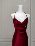 Niulatu Mermaid Spaghetti Straps Floor Length Burgundy Satin Backless Prom Dresses SD1667