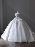 Niulatu Ball Gown Strapless Sleeveless Pleats White Satin Wedding Dress SD1664
