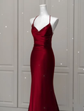Niulatu Mermaid Spaghetti Straps Floor Length Burgundy Satin Backless Prom Dresses SD1667