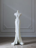 Niulatu Sheath High Neckline White Sequin Long Wedding Dresses Brides Dress SD1669