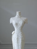 Niulatu Sheath High Neckline White Sequin Long Wedding Dresses Brides Dress SD1669