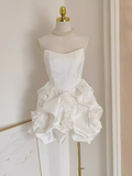 Niulatu A line Sweetheart White Satin Holiday Dresses Short Birthday Dress Pleated Three-dimensional Flowers SD166