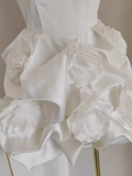 Niulatu A line Sweetheart White Satin Holiday Dresses Short Birthday Dress Pleated Three-dimensional Flowers SD166