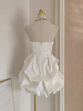 Niulatu A line Sweetheart White Satin Holiday Dresses Short Birthday Dress Pleated Three-dimensional Flowers SD166