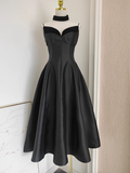 Niulatu A line Spaghetti Straps Black Vacation Dress Satin Women Dresses SD169