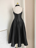 Niulatu A line Spaghetti Straps Black Vacation Dress Satin Women Dresses SD169