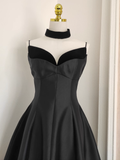 Niulatu A line Spaghetti Straps Black Vacation Dress Satin Women Dresses SD169