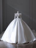 Niulatu Ball Gown Scoop Neckline Long Sleeves Pleats Beads White Satin Wedding Dresses SD1700
