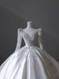 Niulatu Ball Gown Scoop Neckline Long Sleeves Pleats Beads White Satin Wedding Dresses SD1700