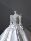 Niulatu Ball Gown Scoop Neckline Long Sleeves Pleats Beads White Satin Wedding Dresses SD1700