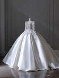 Niulatu Ball Gown Scoop Neckline Long Sleeves Pleats Beads White Satin Wedding Dresses SD1700