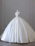 Niulatu Ball Gown Strapless Sleeveless Pleats White Satin Lace Wedding Dress Bridal Dresses SD1701