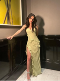 Niulatu Mermaid Straps Floor Length Slit Yellow Evening Dress Prom Dresses SD1703