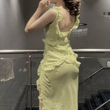 Niulatu Mermaid Straps Floor Length Slit Yellow Evening Dress Prom Dresses SD1703