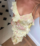 Niulatu Mermaid Spaghetti Straps Floor Length Floral Yellow Chiffon Evening Dress Lace Prom Dresses SD1707