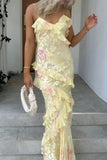 Niulatu Mermaid Spaghetti Straps Floor Length Floral Yellow Chiffon Evening Dress Lace Prom Dresses SD1707