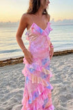 Niulatu Mermaid Spaghetti Straps Floor Length Floral Pink Chiffon Evening Dress Lace Prom Dresses S1707