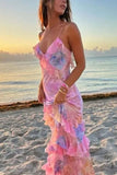 Niulatu Mermaid Spaghetti Straps Floor Length Floral Pink Chiffon Evening Dress Lace Prom Dresses S1707