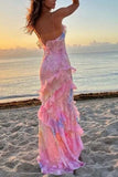 Niulatu Mermaid Spaghetti Straps Floor Length Floral Pink Chiffon Evening Dress Lace Prom Dresses S1707