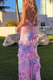 Niulatu Mermaid Spaghetti Straps Floor Length Floral Pink Chiffon Evening Dress Lace Prom Dresses S1707