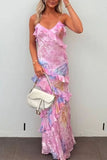 Niulatu Mermaid Spaghetti Straps Floor Length Floral Pink Chiffon Evening Dress Lace Prom Dresses S1707