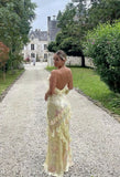 Niulatu Mermaid Spaghetti Straps Floor Length Floral Yellow Chiffon Evening Dress Lace Prom Dresses SD1707