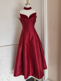 Niulatu A line Spaghetti Straps Burgundy Vacation Dress Satin Women Dresses SD170