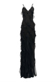Niulatu Mermaid Spaghetti Straps Chiffon Black Backless Prom Dresses SD1711