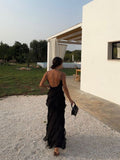 Niulatu Mermaid Spaghetti Straps Chiffon Black Backless Prom Dresses SD1711