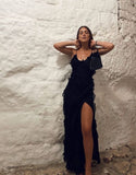 Niulatu Mermaid Spaghetti Straps Chiffon Black Backless Prom Dresses SD1711