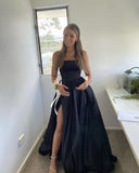 Niulatu A Line Strapless Black Satin Evening Dress With Split Prom Dresses SD1715