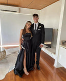 Niulatu A Line Strapless Black Satin Evening Dress With Split Prom Dresses SD1715