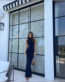 Niulatu Sheath High Neckline Navy Blue Satin Evening Dress Prom Dresses SD1720