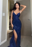 Niulatu Sheath Spaghetti Straps Royal Blue Slit Long Evening Dress Prom Dresses SD1725